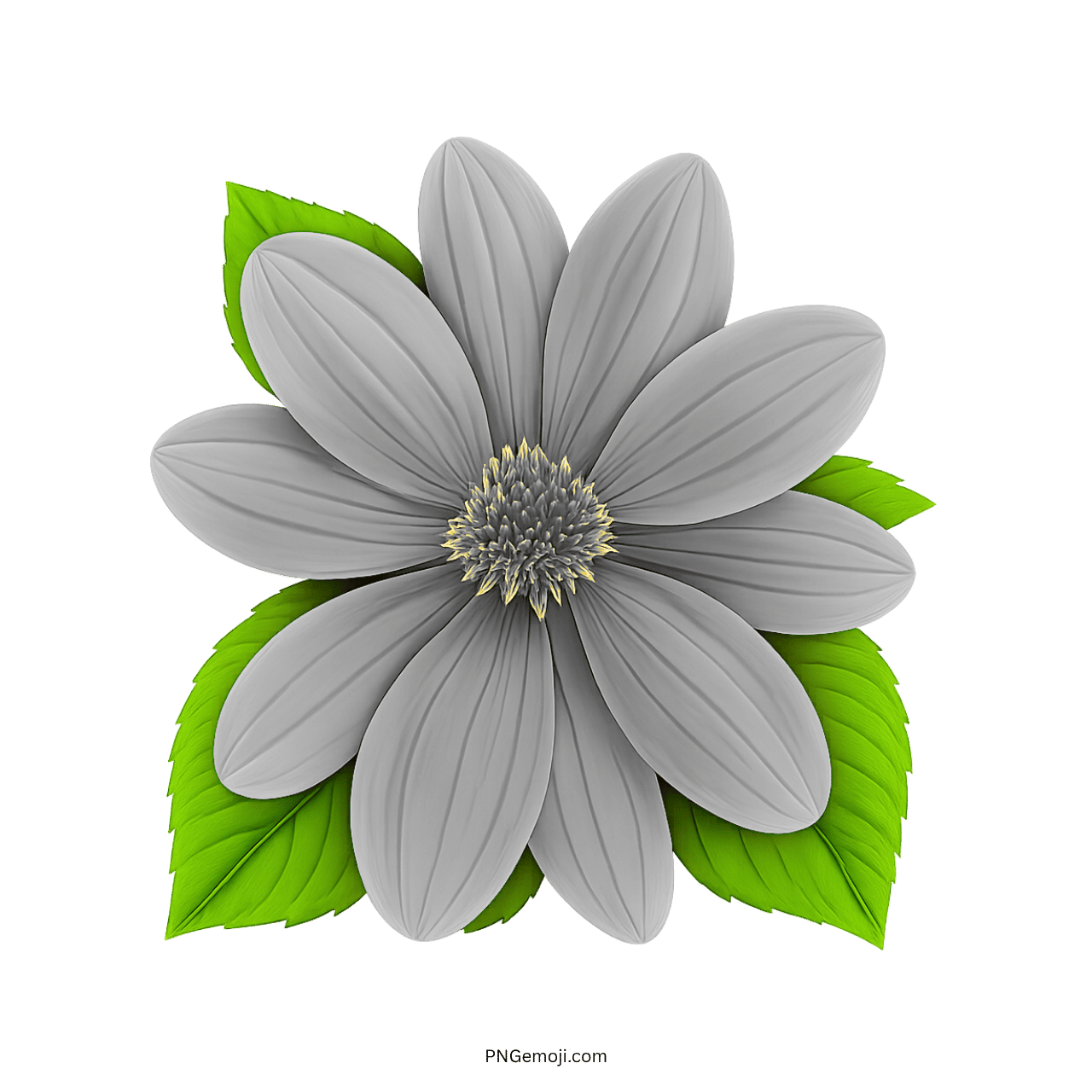 Soft gray flower with green leaves in a spring emoji style