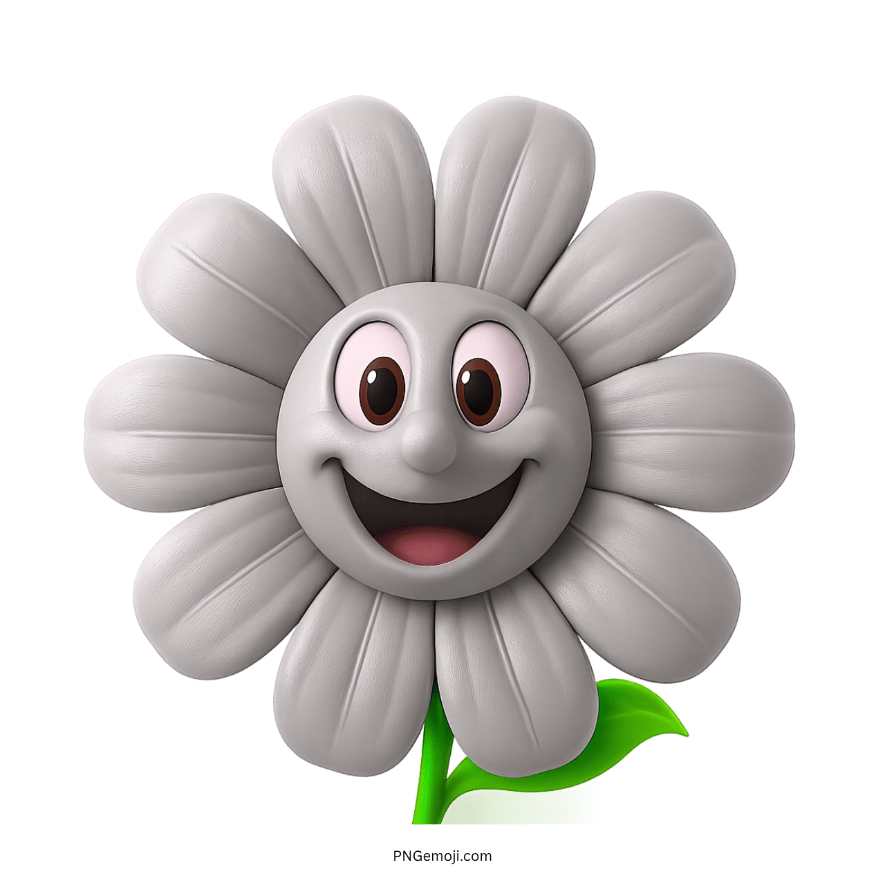 Gray smiling flower emoji with a happy face and green leaf.
