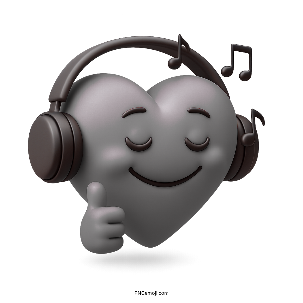 3D gray heart emoji wearing headphones listening to music with notes