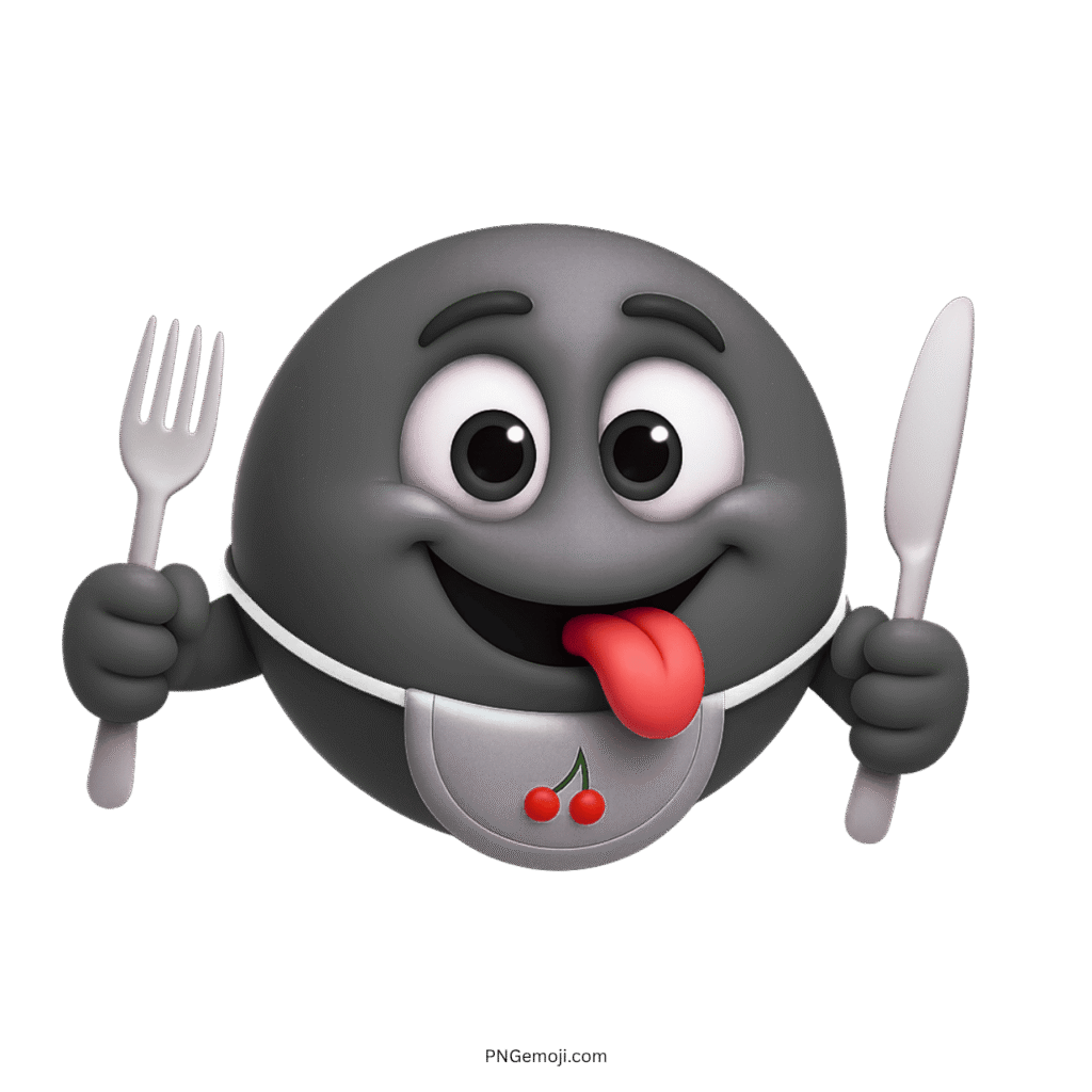 Gray smiley emoji with fork knife cherry bib and tongue out