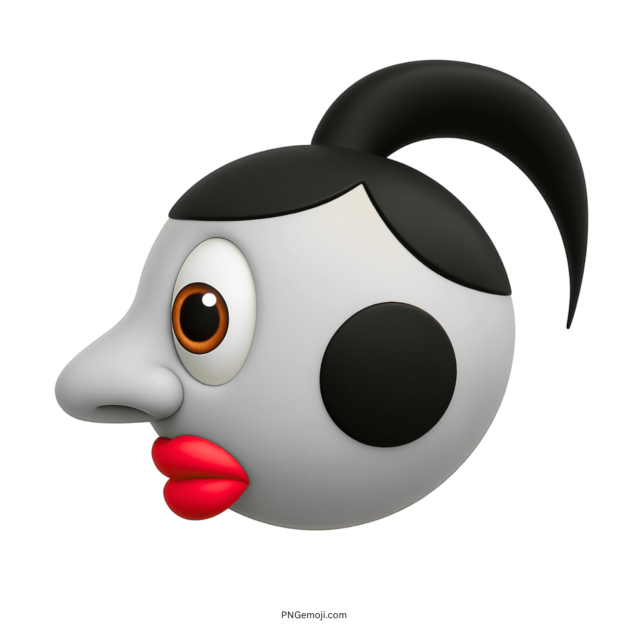3D gray emoji face with large black spots and red lips in cartoon style