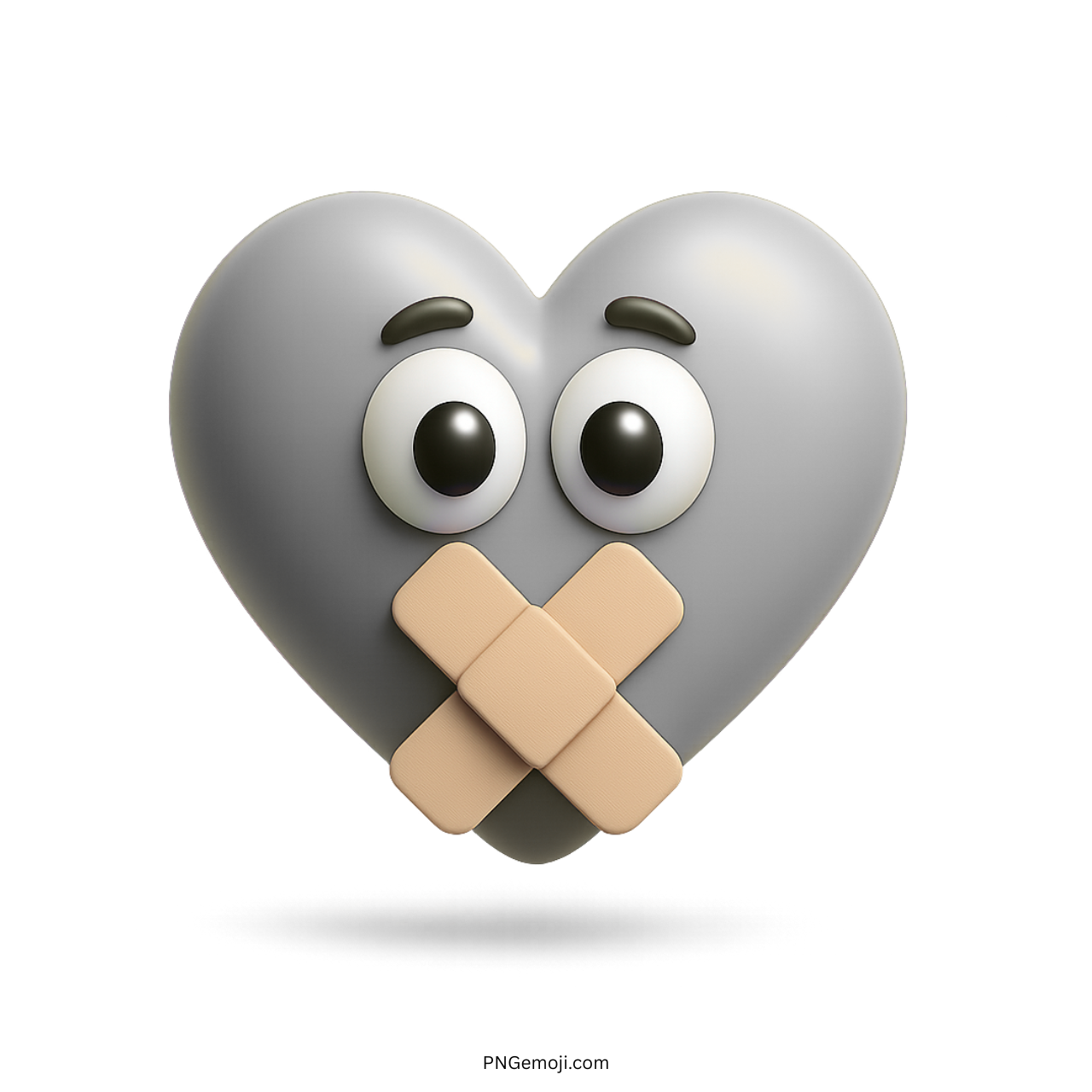 Gray heart emoji with big eyes and crossed bandage symbolizing silence or heartbreak