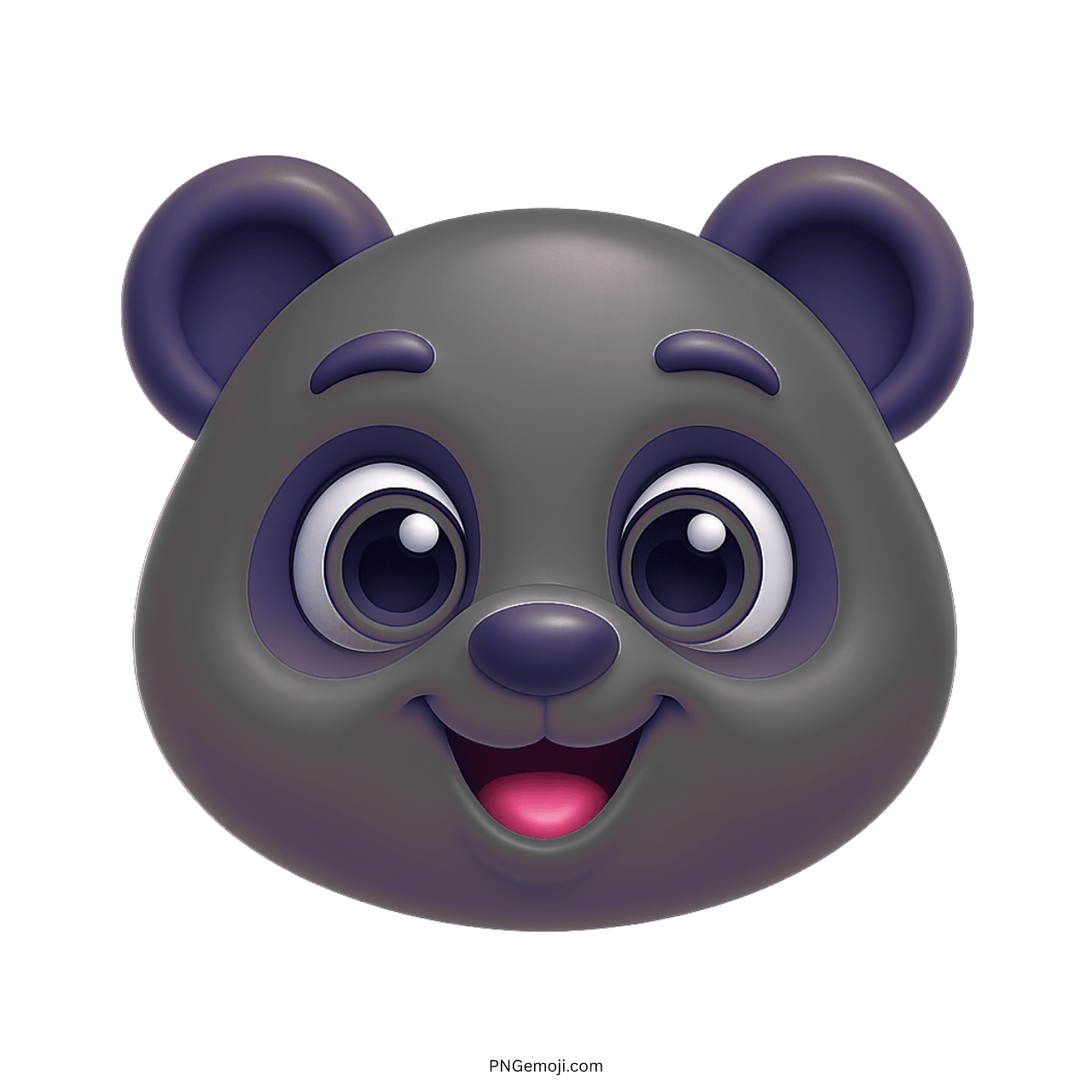 Cute gray panda face emoji with big eyes, smiling, purple accents, cartoon style, green background, adorable expression.