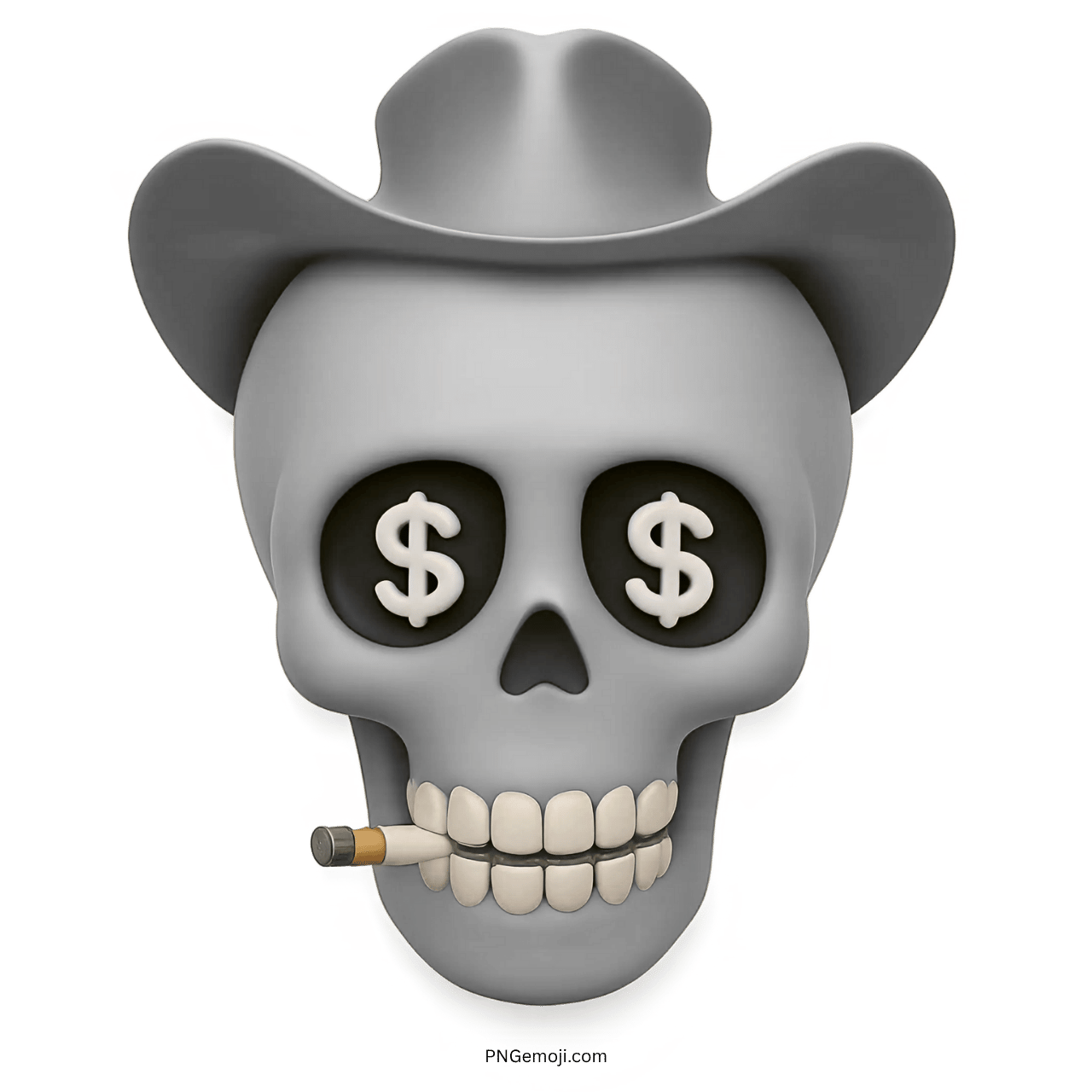 Gray skull emoji with cowboy hat, dollar sign eyes, and smoking cigarette