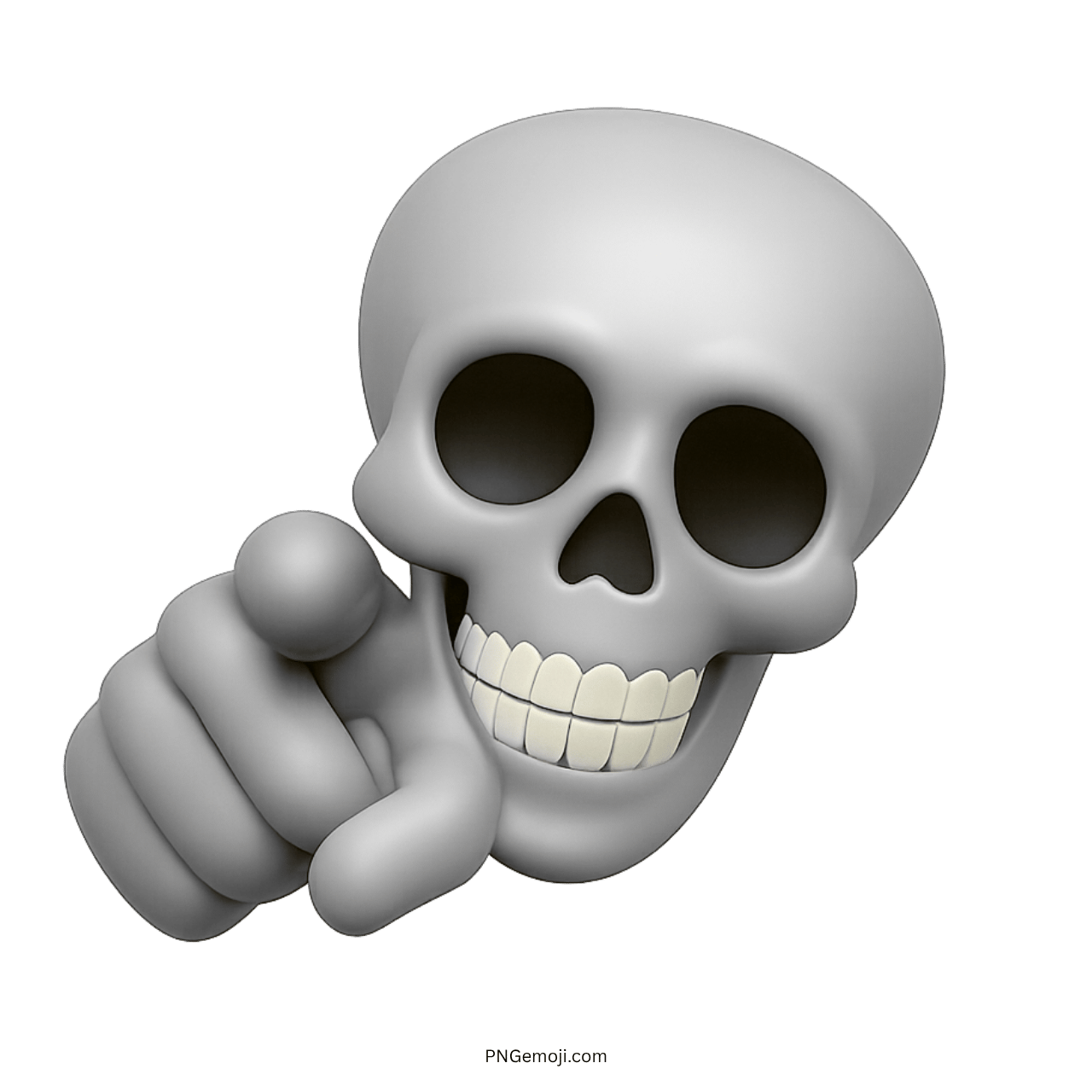 3D gray skull emoji pointing forward with hollow eyes and smiling face