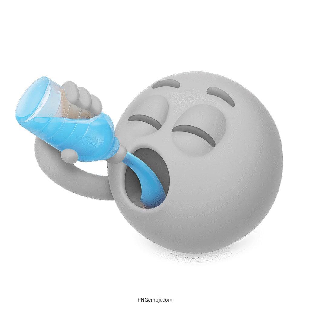 3D gray emoji calmly drinking water from plastic bottle with peaceful, neutral expression