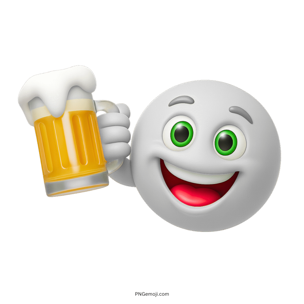 3D gray emoji smiling and raising a beer mug in celebration or festive cheer