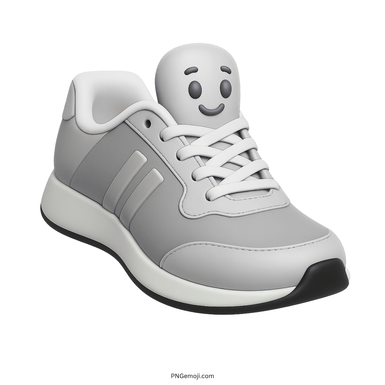 3D gray sneakers emoji with smiling face, white laces, and sporty casual style