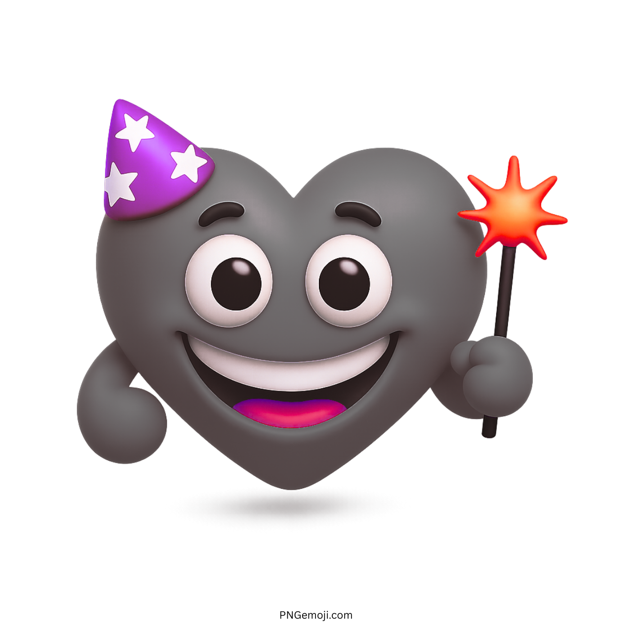 gray wizard heart emoji wearing party hat holding magic wand with cheerful smile