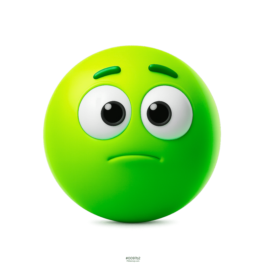 Green 3D appalled emoji with large eyes and slight frown expression