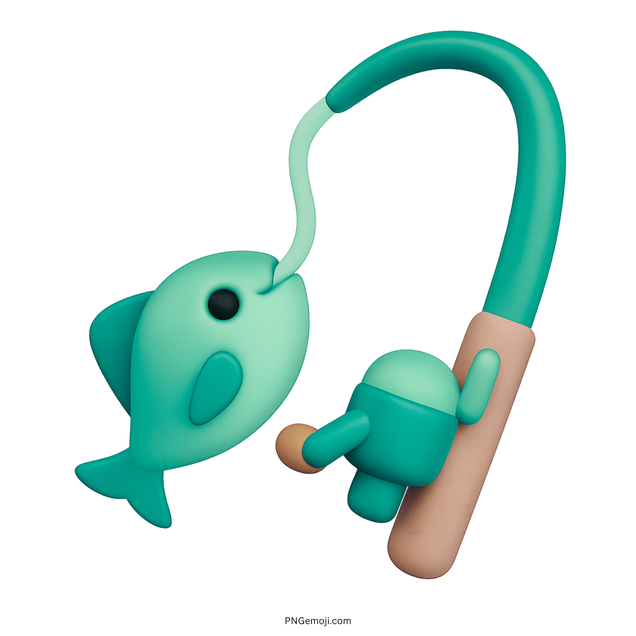 Green 3D fishing pole emoji with cartoon fish on transparent background for design use