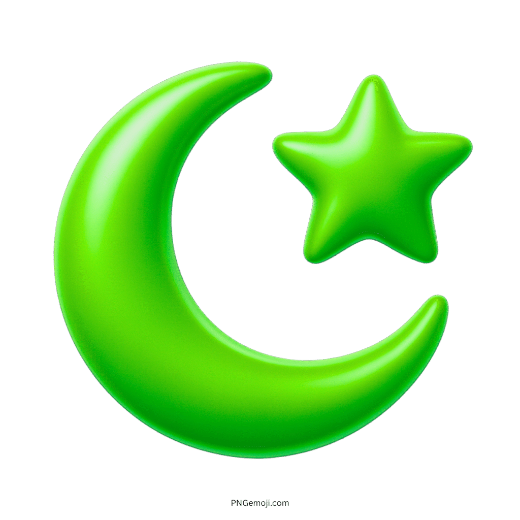 Green 3D crescent moon and star emoji representing Islam and celebration