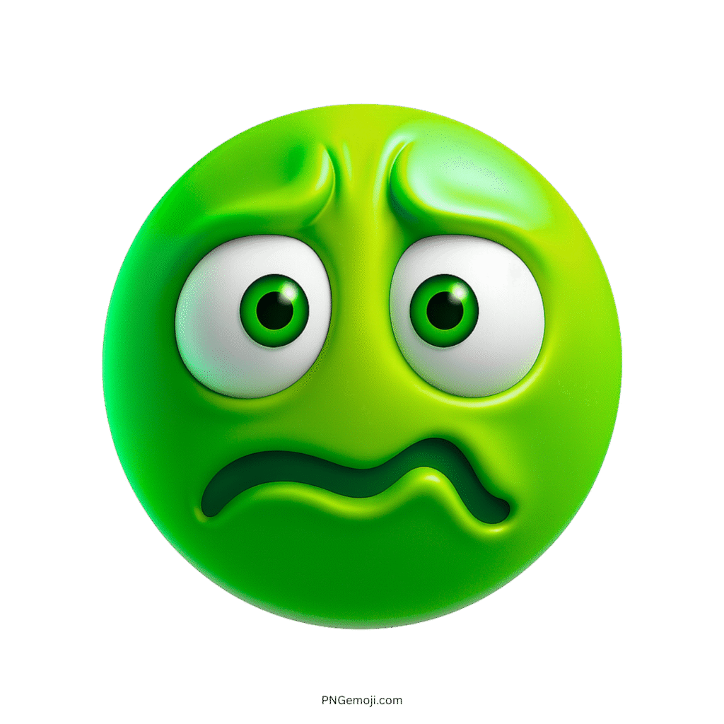 Green 3D emoji with wide eyes and squiggly mouth showing stress and anxiety