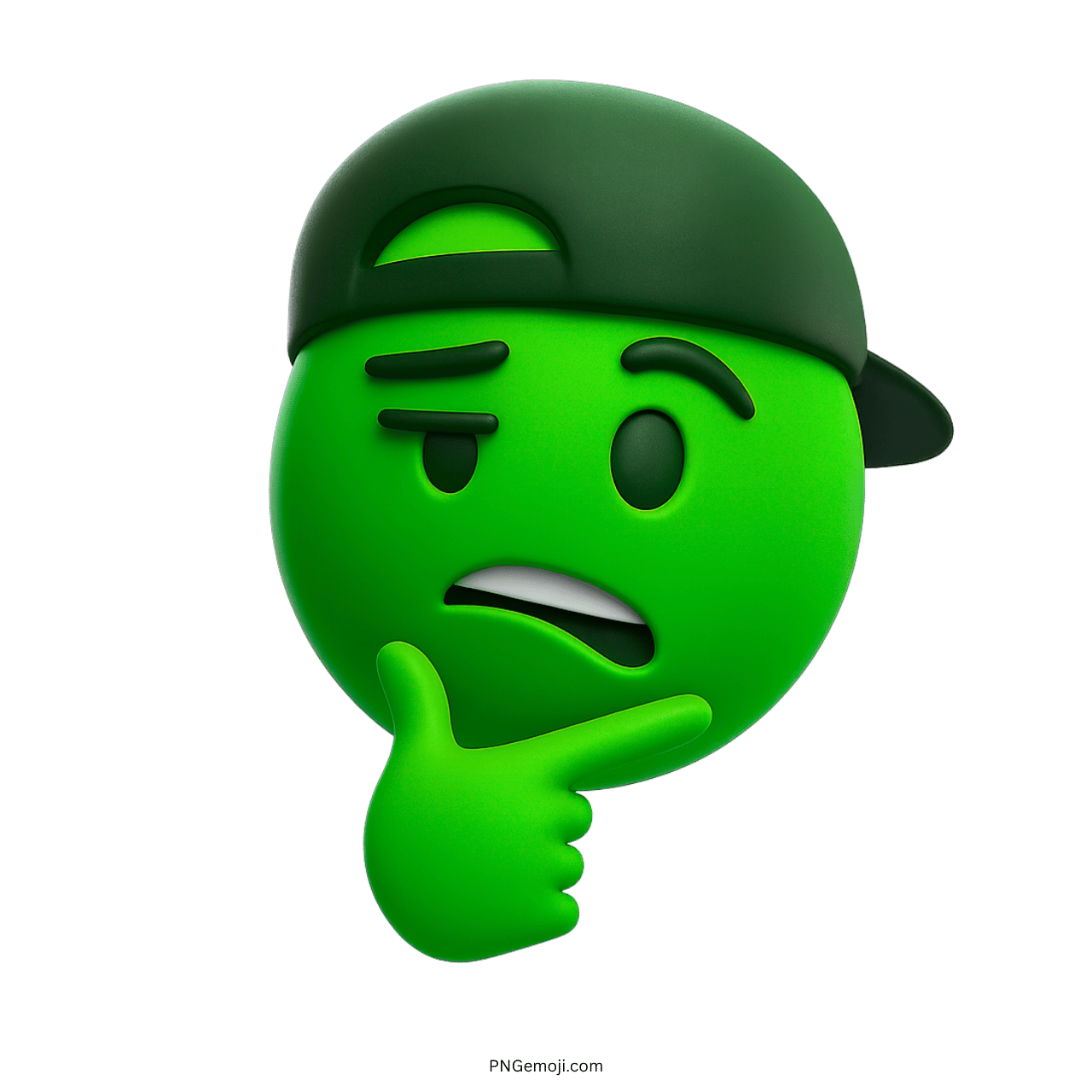 Green 3D emoji wearing backward cap showing sarcastic thinking facial expression