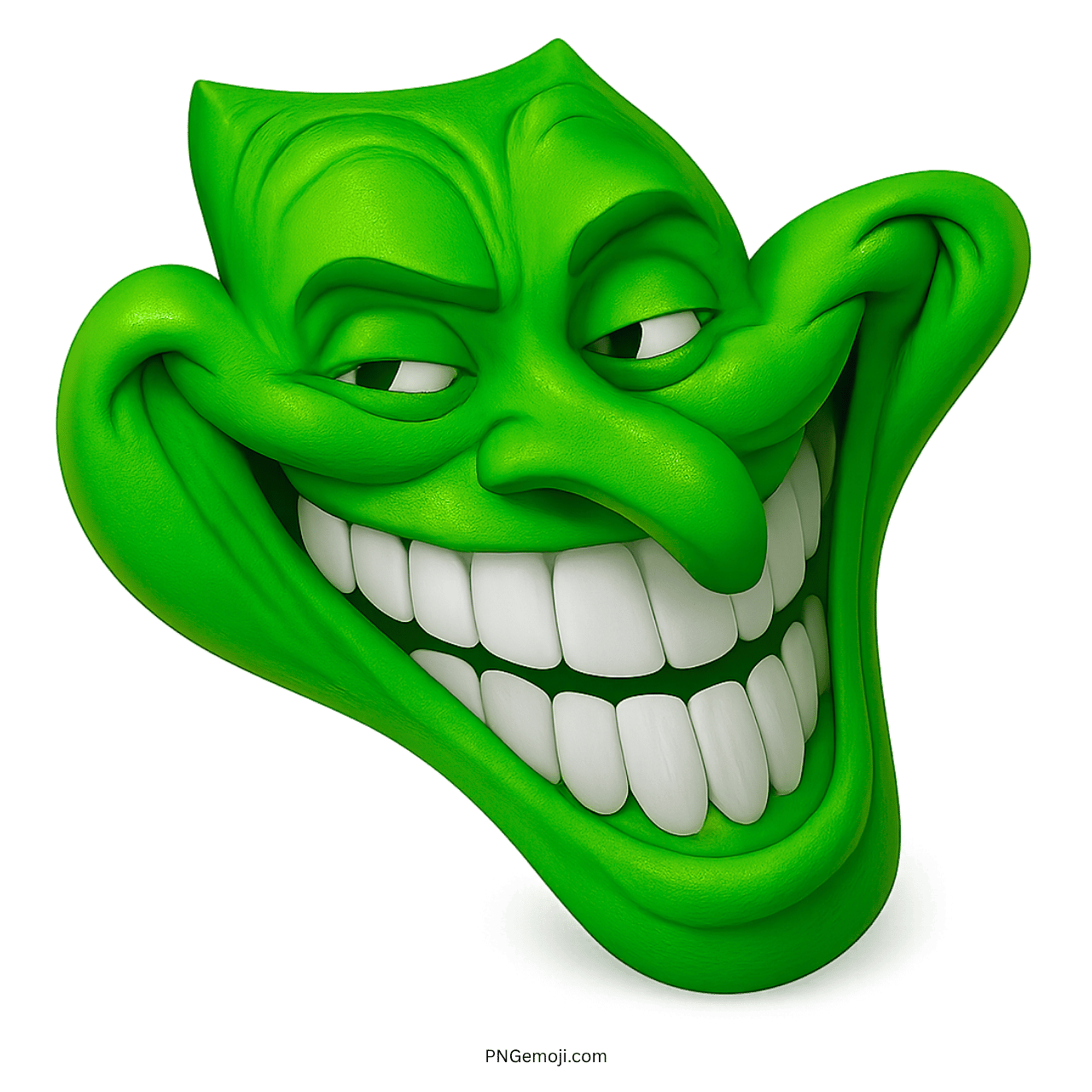 Green 3D troll face emoji with smug grin and mischievous meme expression