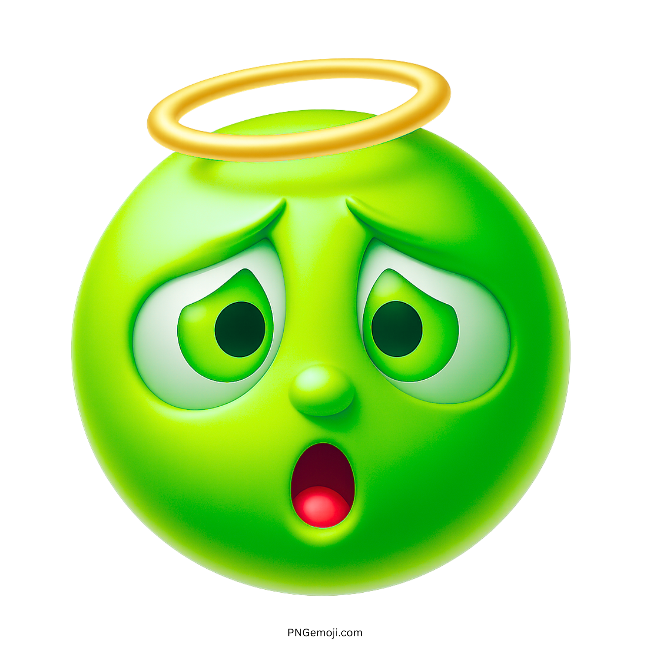 3D green angel emoji with yellow halo and innocent surprised face expression