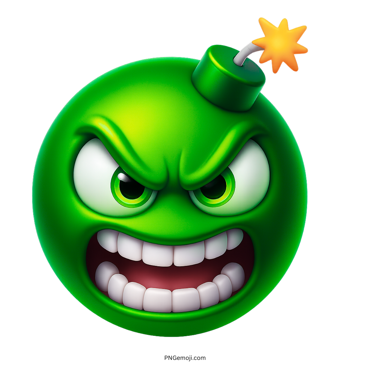 3D green bomb emoji with furious expression, clenched teeth, and burning fuse
