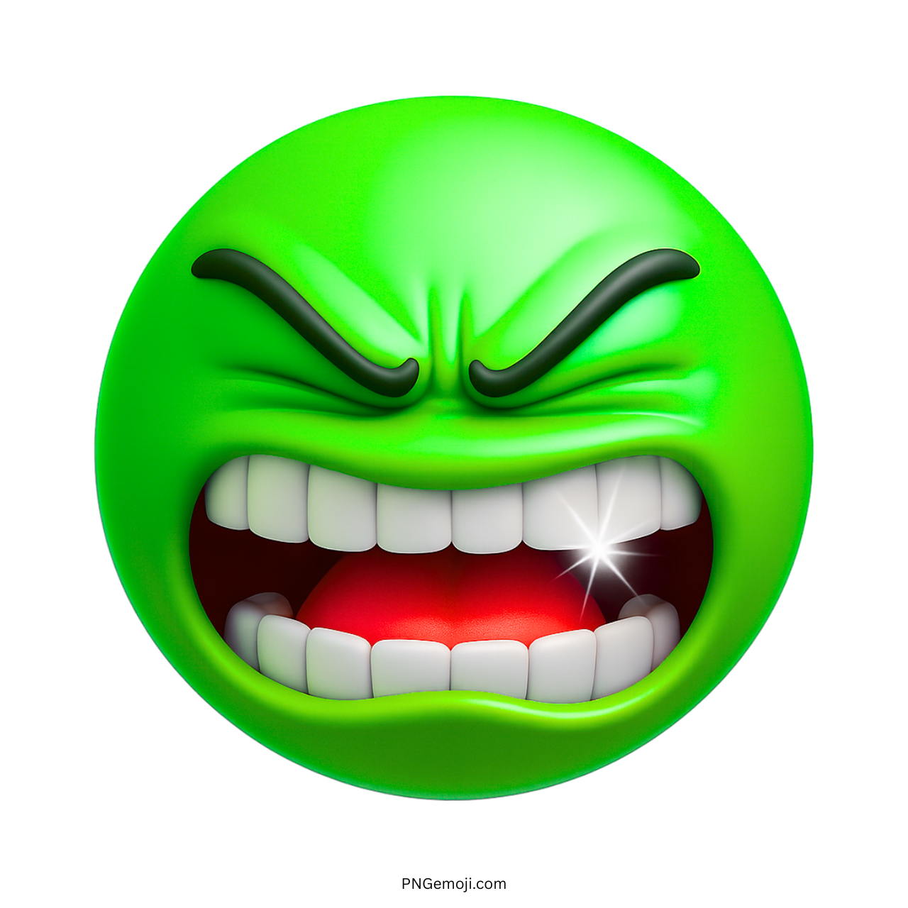 Green 3D angry emoji with clenched teeth, glowing sparkle, and intense furious expression