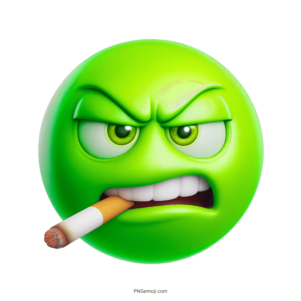 Green angry 3D emoji face with cigarette and fierce cartoon emotion