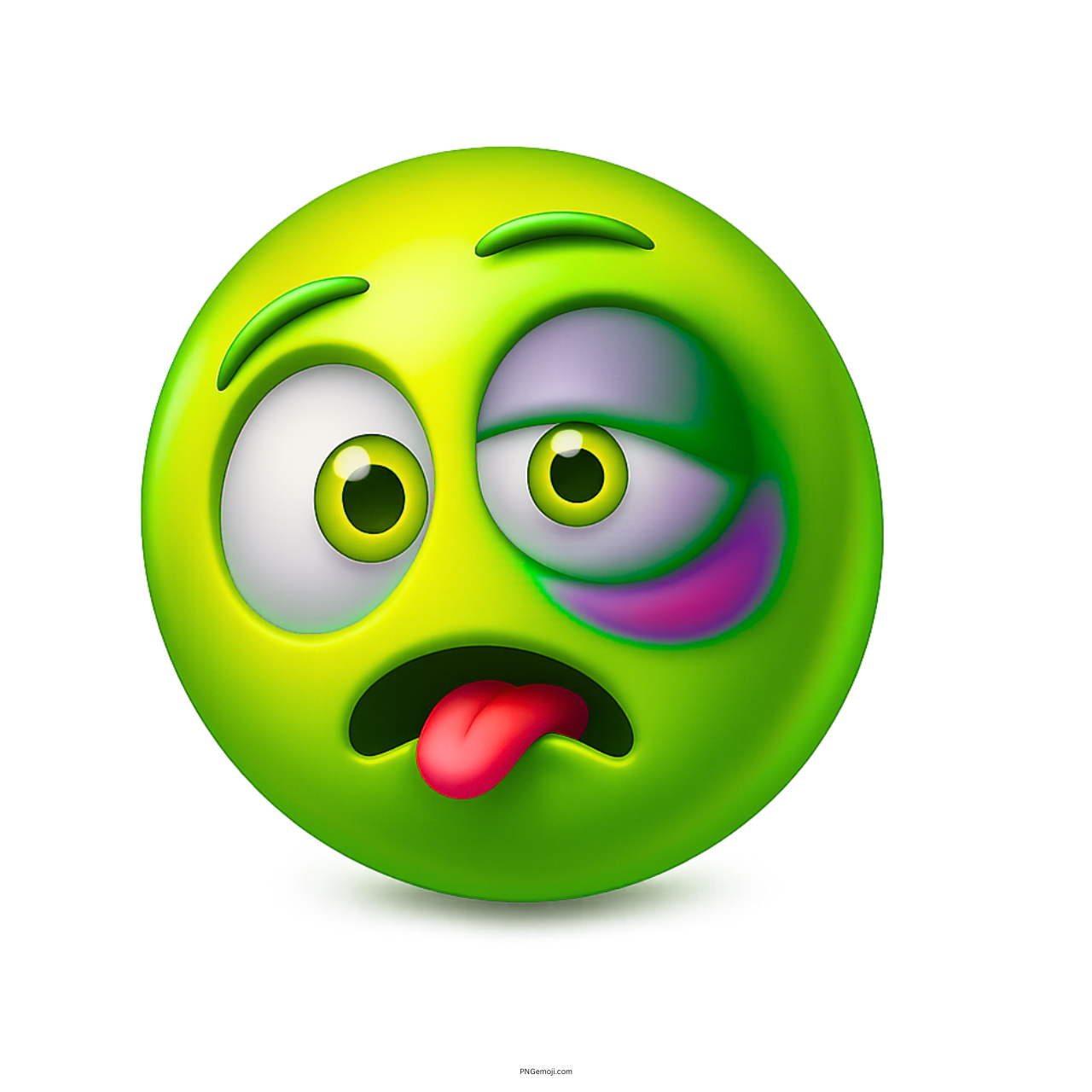 Green emoji face with swollen eye bruised cheek and tongue sticking out