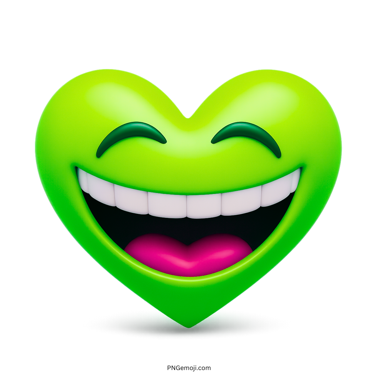 Green heart emoji with wide smile and closed eyes in glossy 3D cartoon style