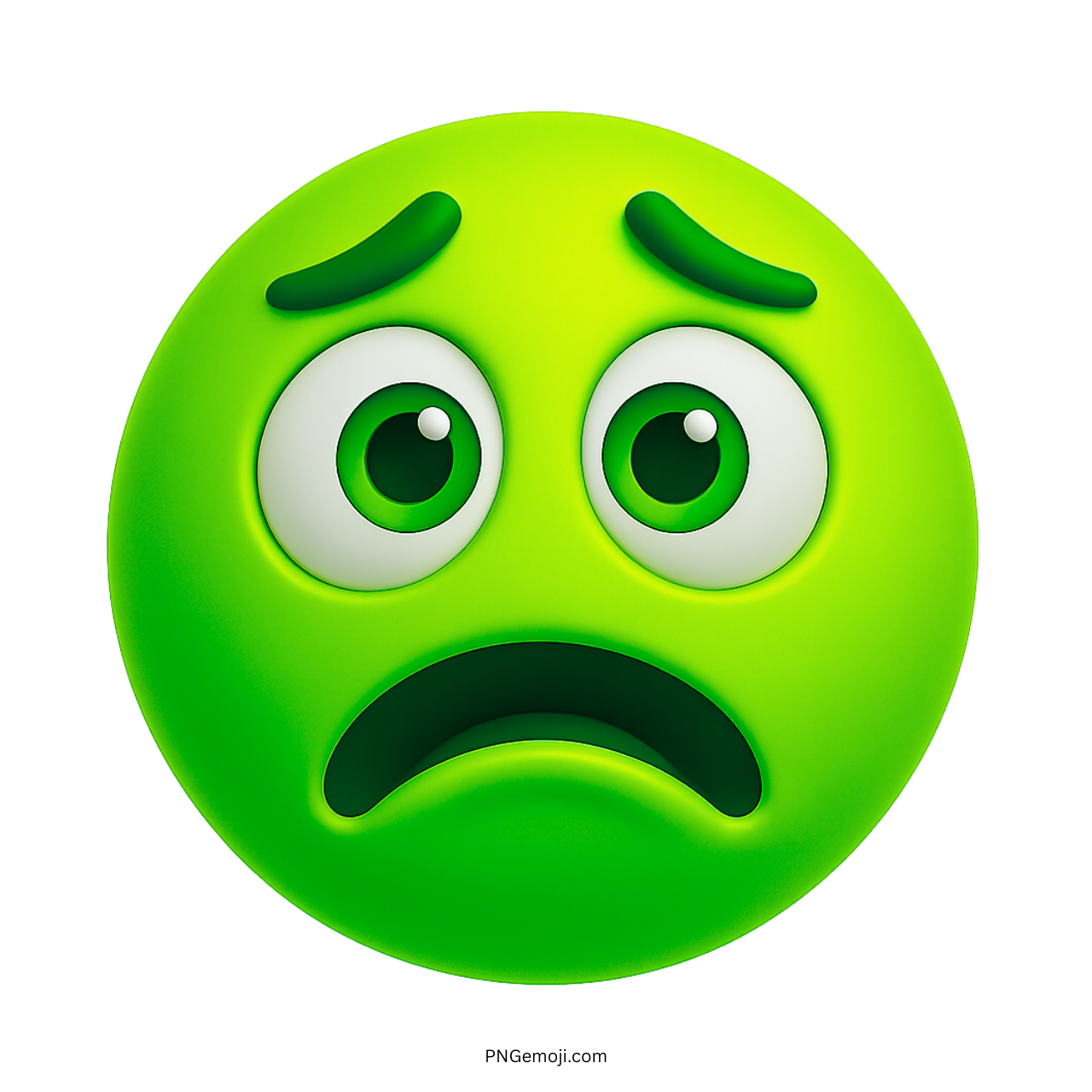 Green bored emoji with wide sad eyes and deep frown expressing emotional stress