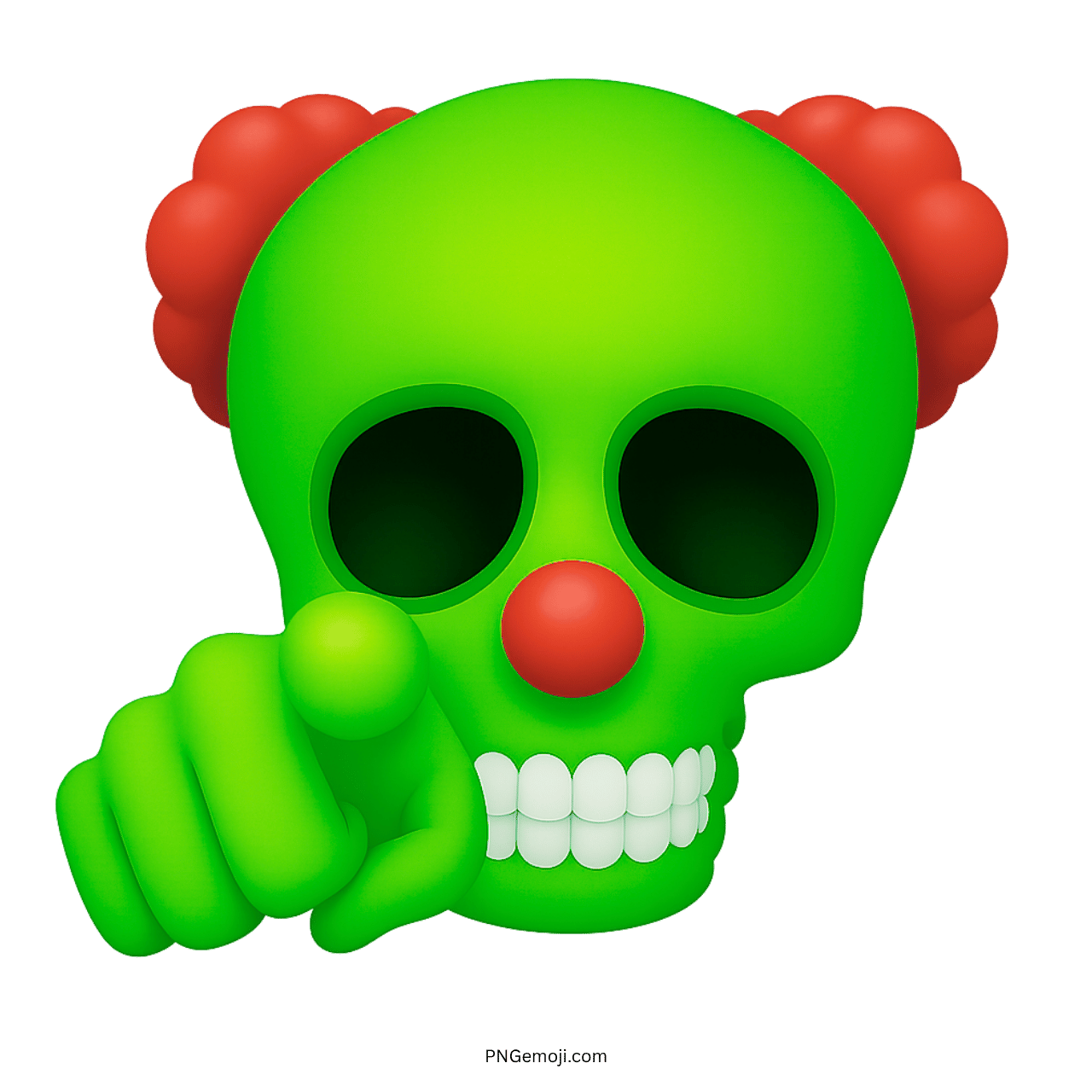 3D green clown skull emoji with red nose, red hair, and pointing finger