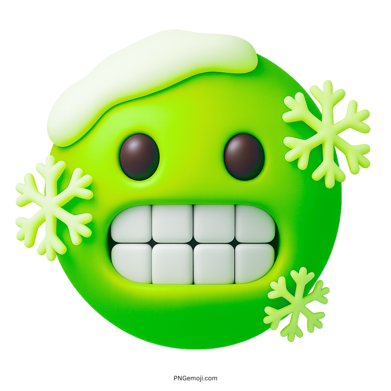3D green cold face emoji with icy expression, snowflakes, and frozen look