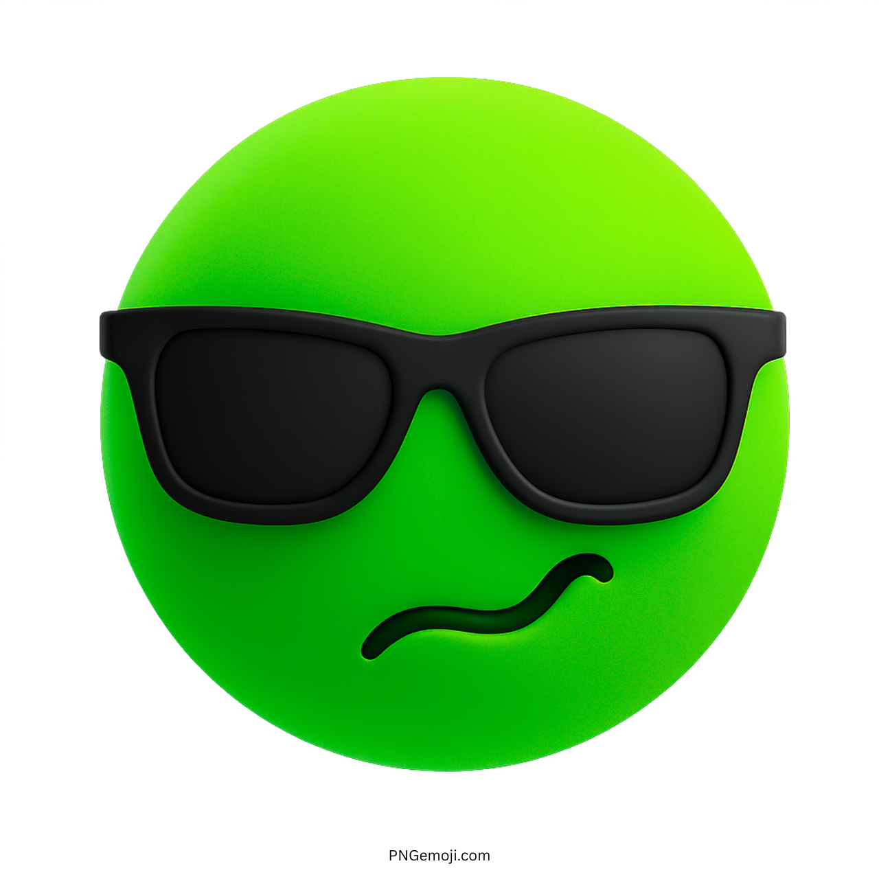 3D green smiley emoji with sunglasses and cheeky smirk on transparent background