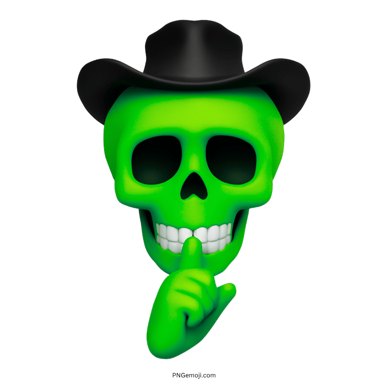 Bright green cowboy skull emoji in 3D with finger over mouth shushing