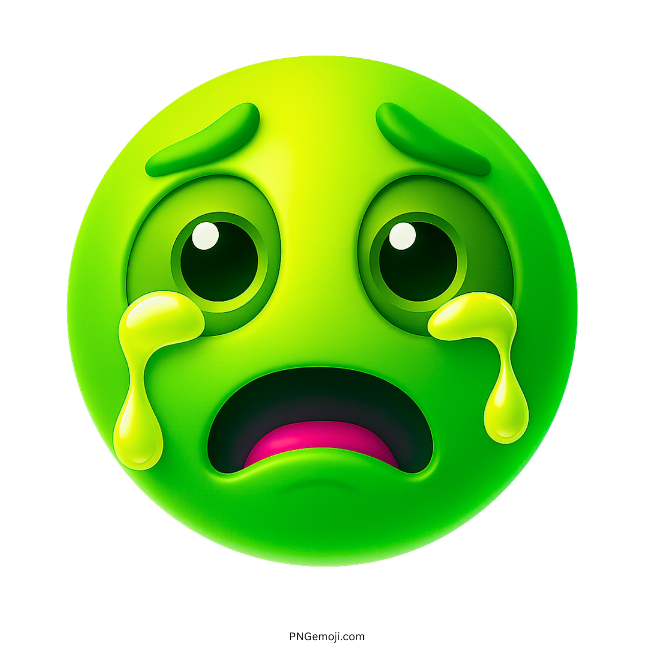 3D green crying emoji with teardrops and emotional sad face clipart PNG