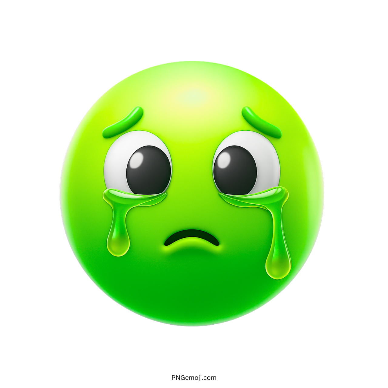 Green crying emoji face with large sad eyes and thick emotional tears