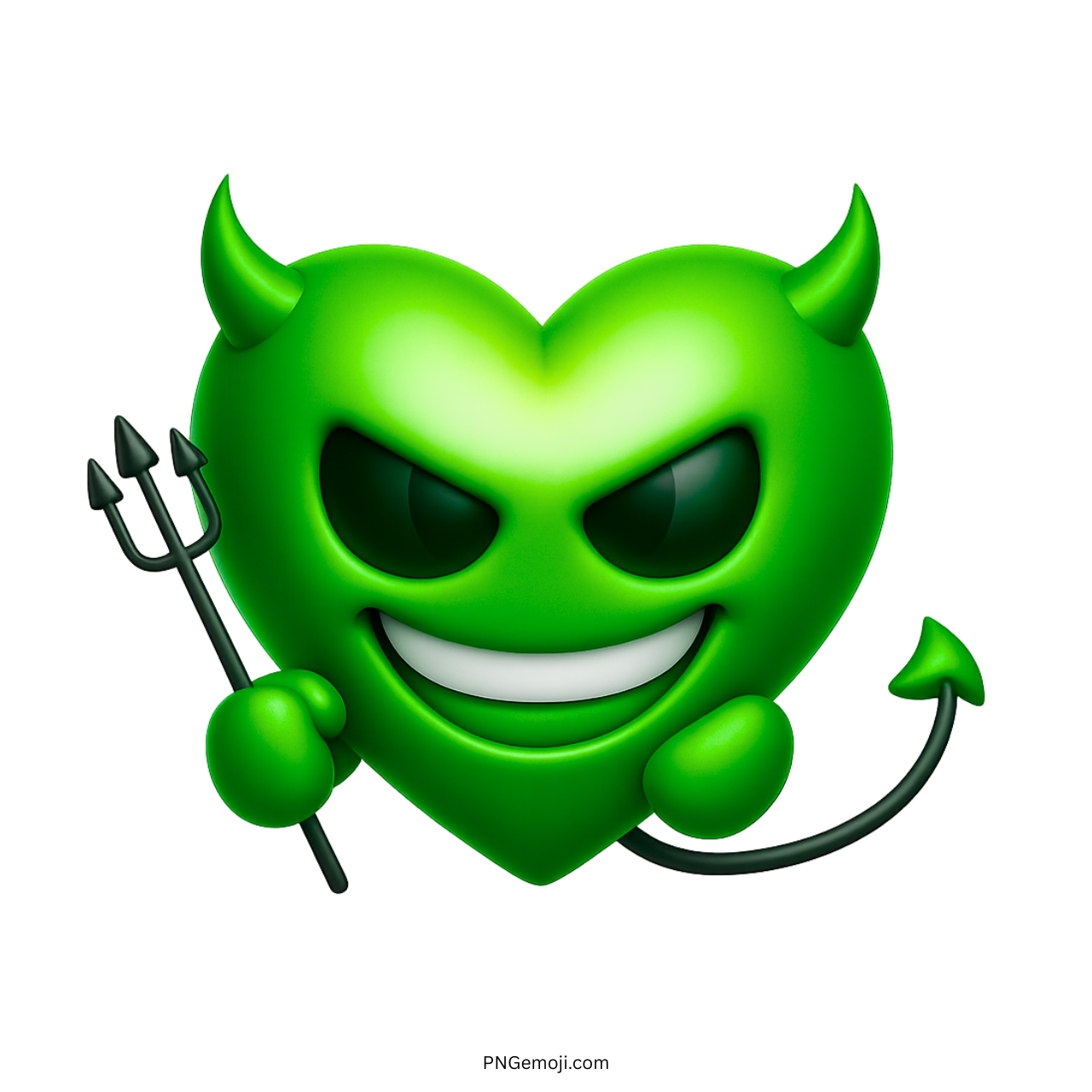 3D green devil heart emoji with horns, trident, mischievous eyes, and pointed tail