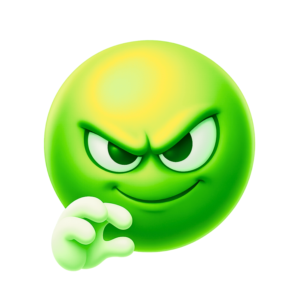Green devious emoji with mischievous smirk face and evil expression cartoon style illustration