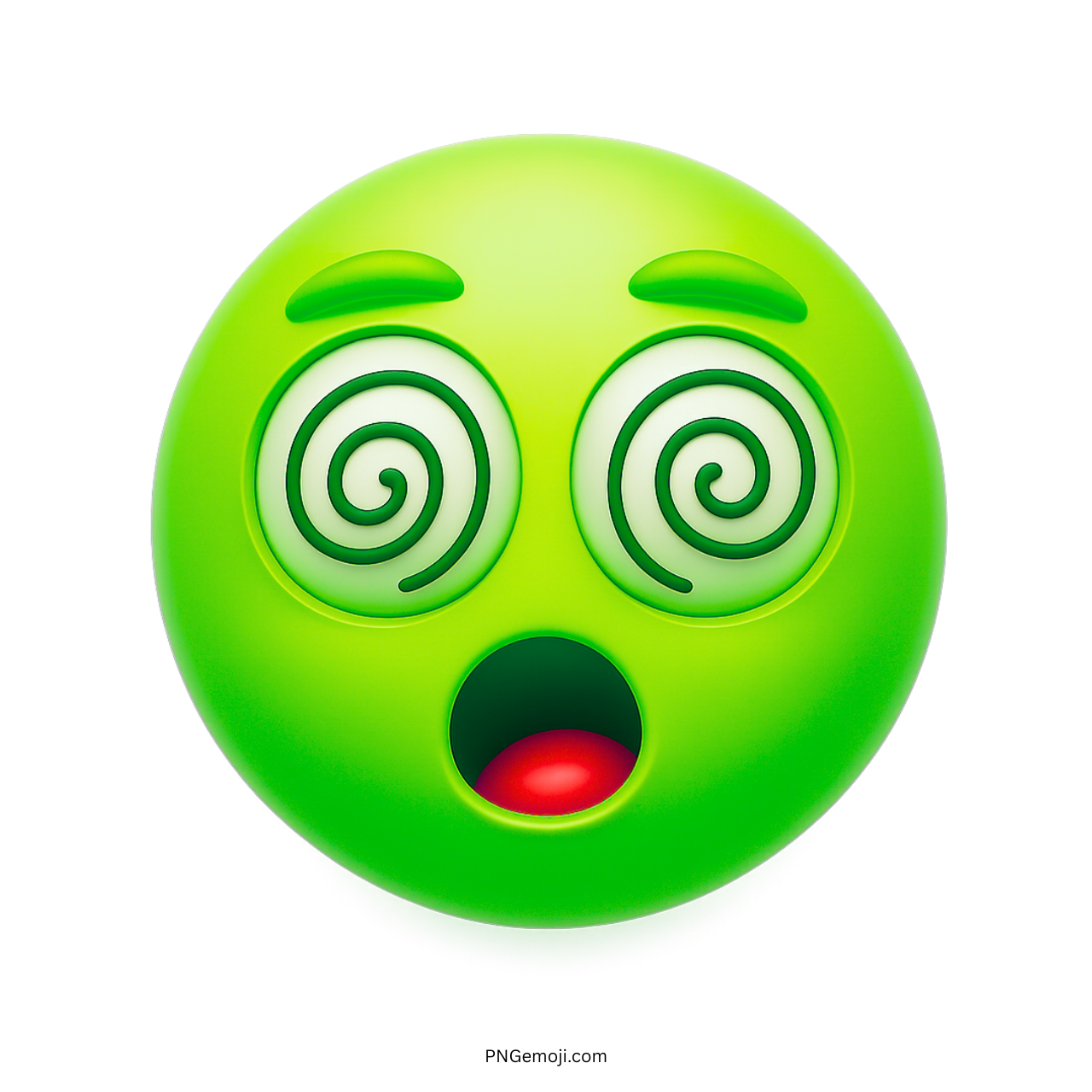 Green dizzy emoji with spiral eyes and shocked glowing red mouth expression