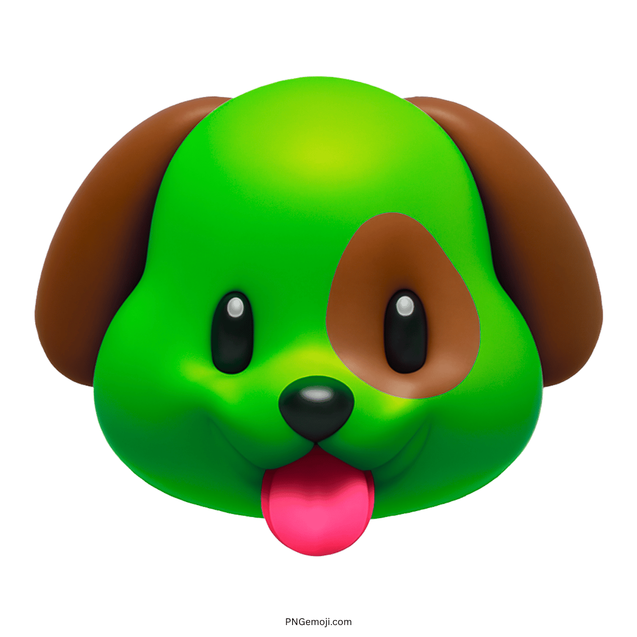 3D green dog face emoji with brown ears and playful tongue, cartoon style, transparent background.