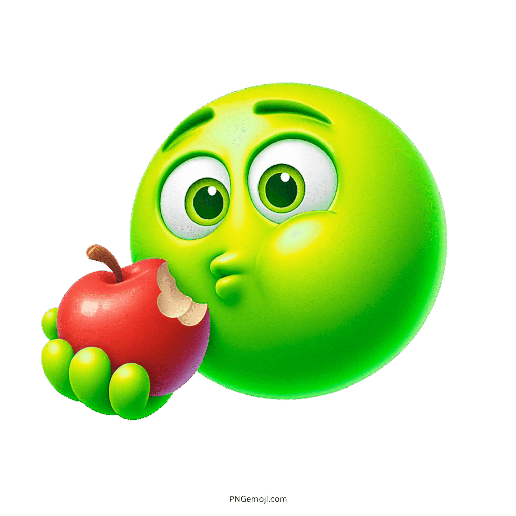 3D green emoji puffing cheeks while biting red apple with wide eyes