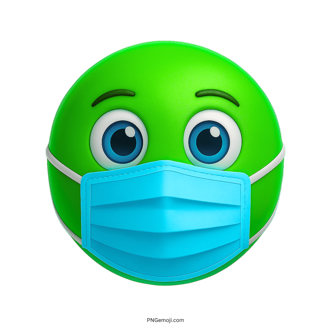 Green emoji face with big eyes and blue medical mask for health protection