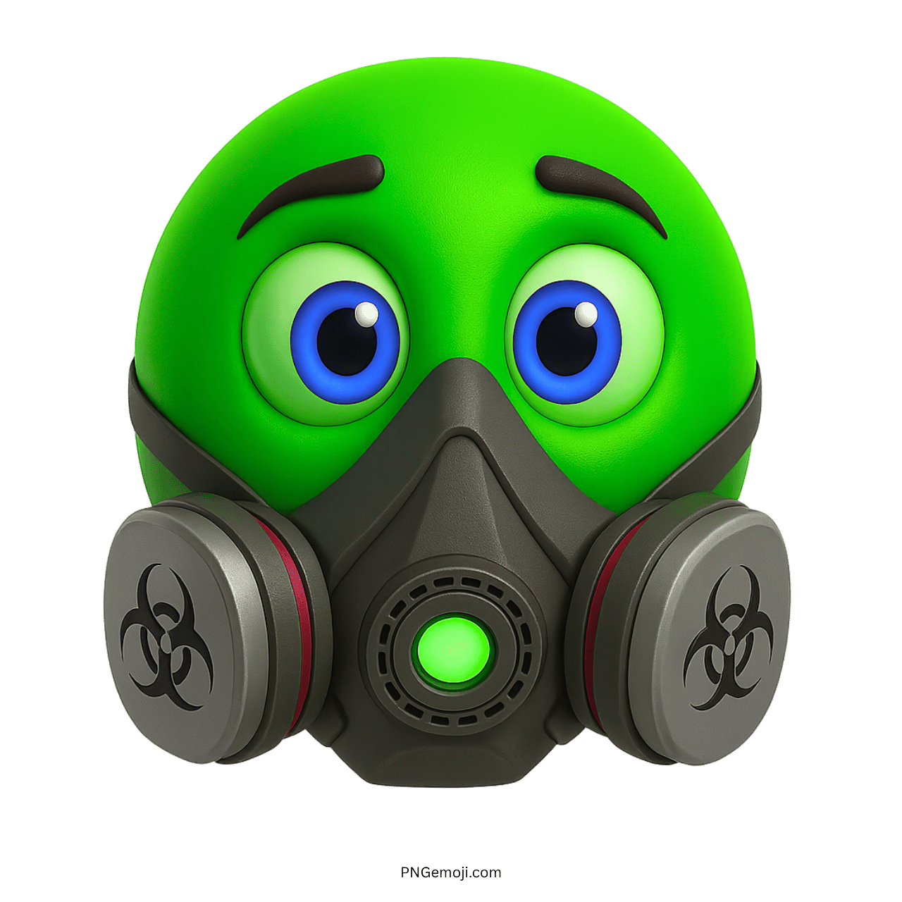 Green emoji face wearing gas mask with biohazard filters and glowing green ventilator