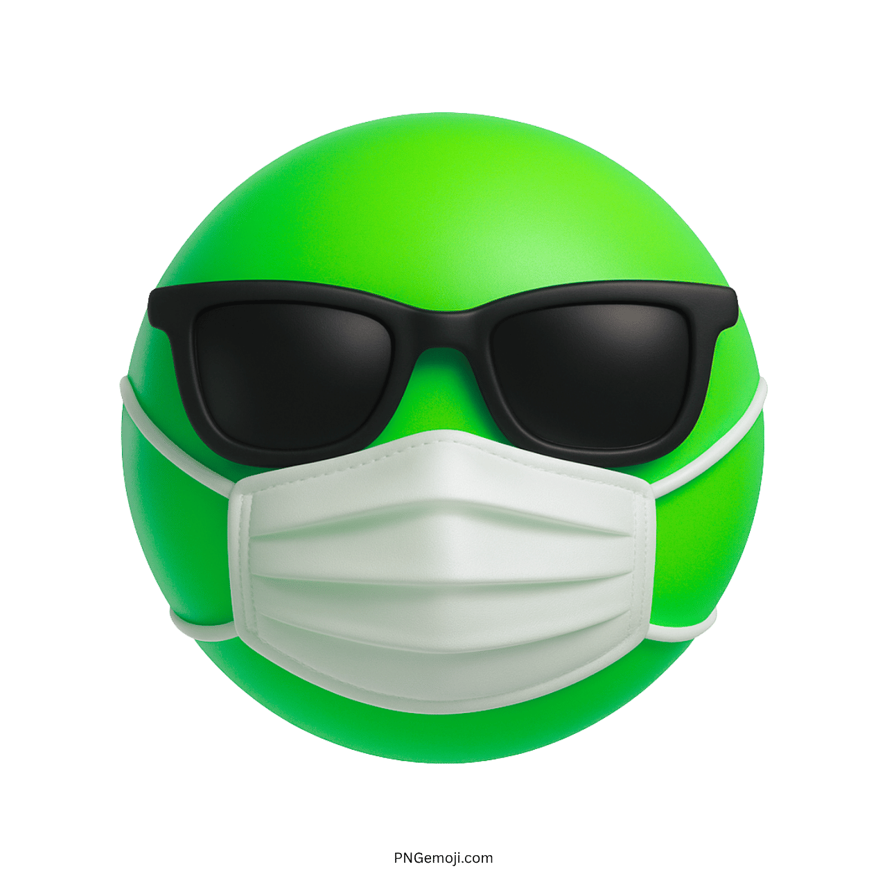 Green emoji face wearing black sunglasses and white face mask for safe attitude