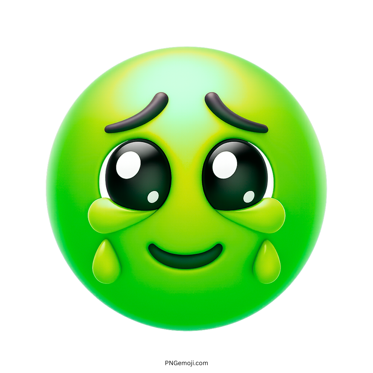 Green face emoji holding back tears with emotional eyes and teardrops