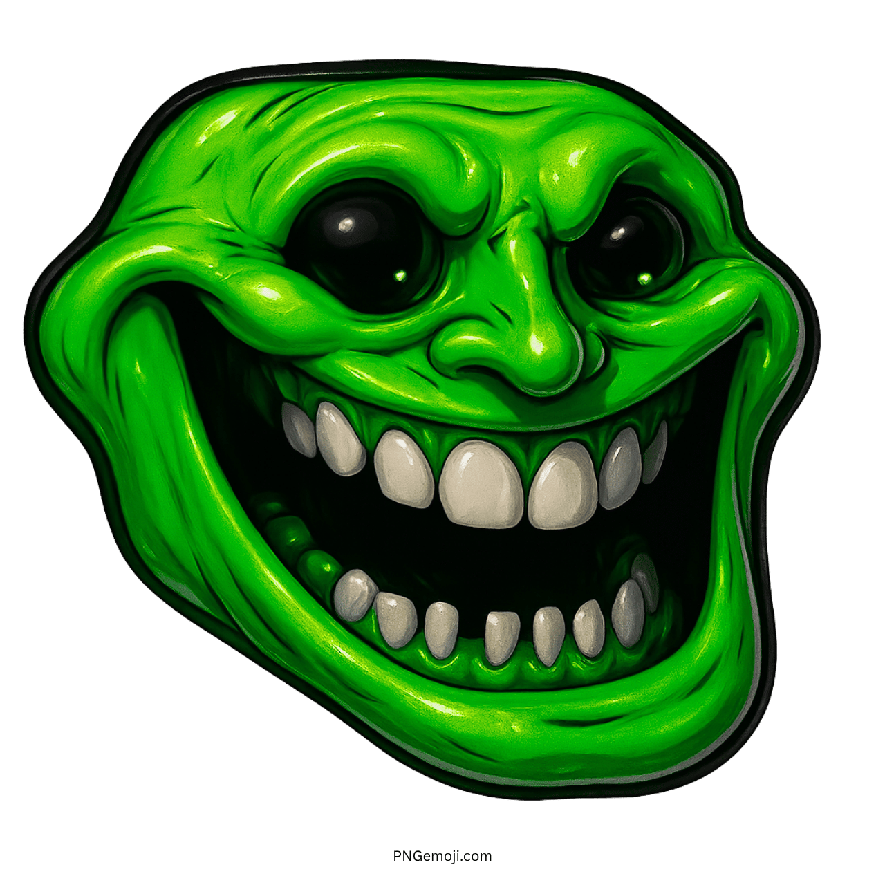 Green evil troll face with wide creepy grin and exaggerated meme-like features