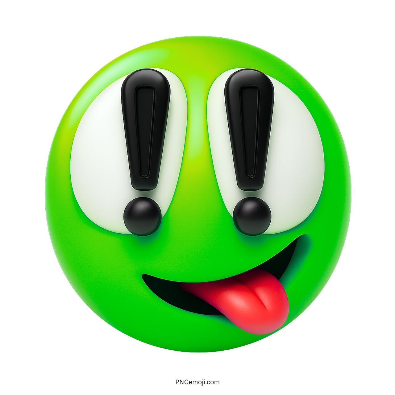 Green emoji with exclamation mark eyes and red tongue playfully sticking out