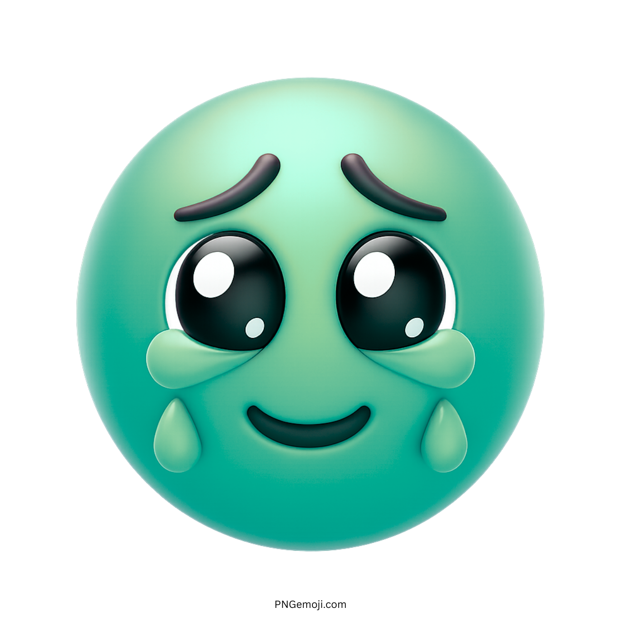 Green emoji softly holding back tears with big, glossy eyes and tender smile