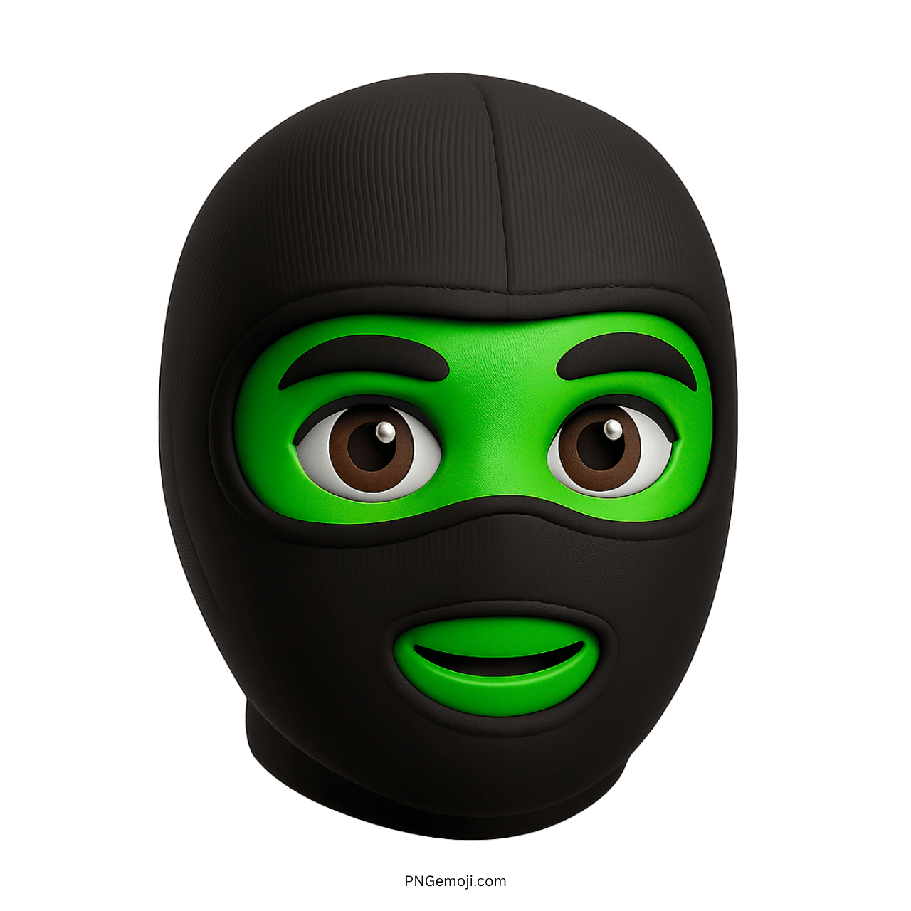 3D green face ski mask emoji with expressive eyes and subtle friendly smile