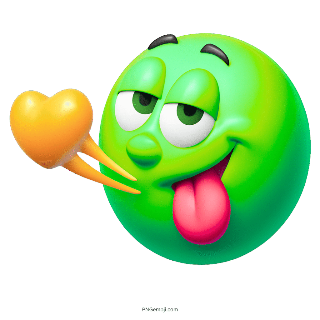 Green flirty emoji with tongue out and yellow heart kiss flying