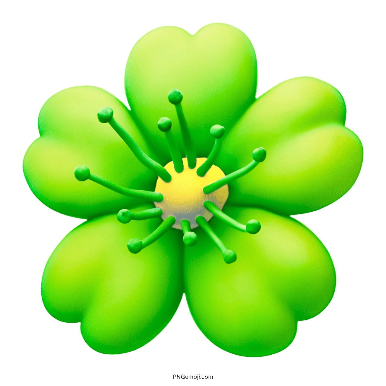 Green 3D flower emoji with yellow center and delicate petals, PNG transparent background.