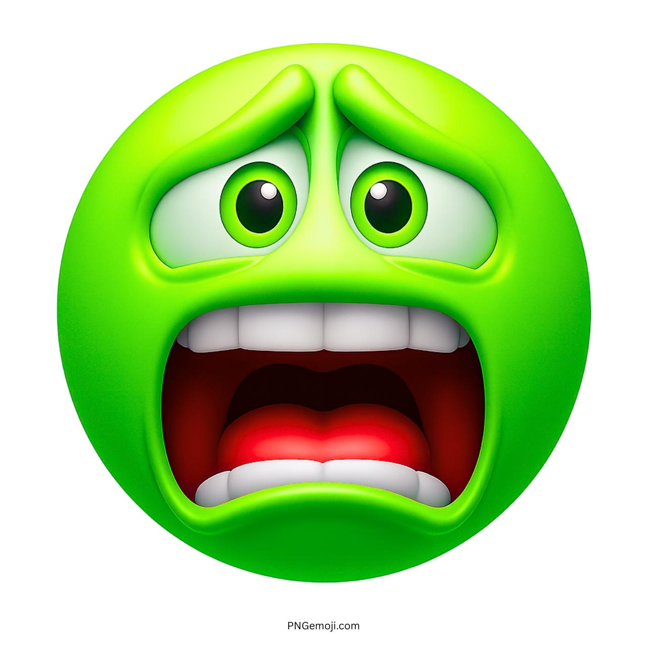 Green emoji face with terrified eyes and open mouth showing intense fear or anxiety