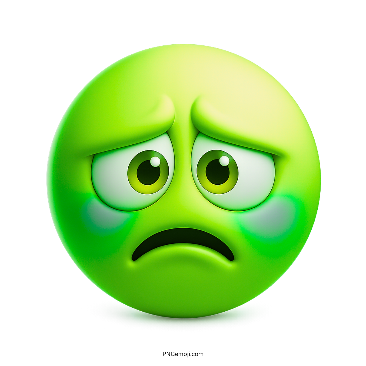 3D green sad frown emoji with droopy eyes and downward-curved mouth expression
