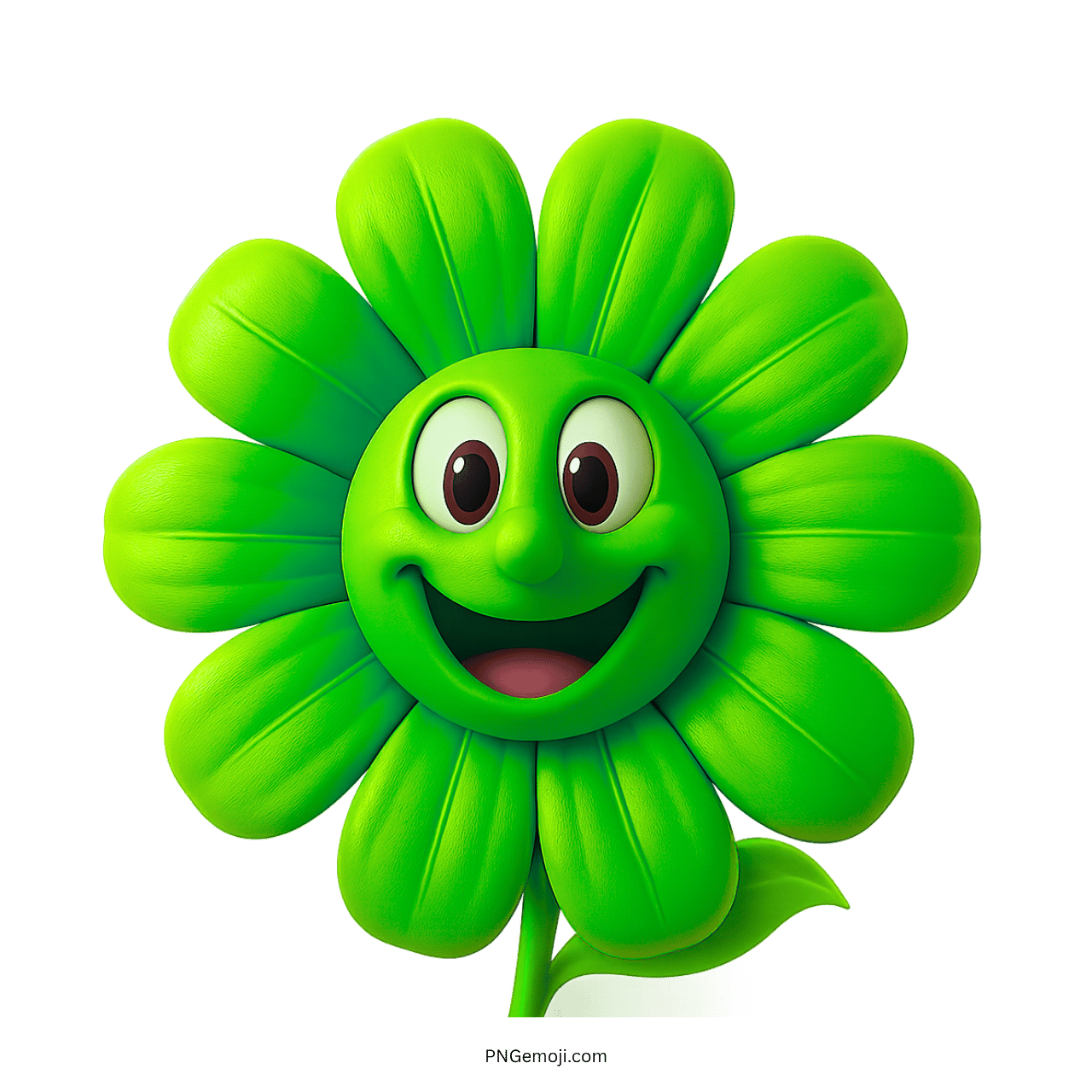 Green smiling flower emoji with a happy face and green leaf.